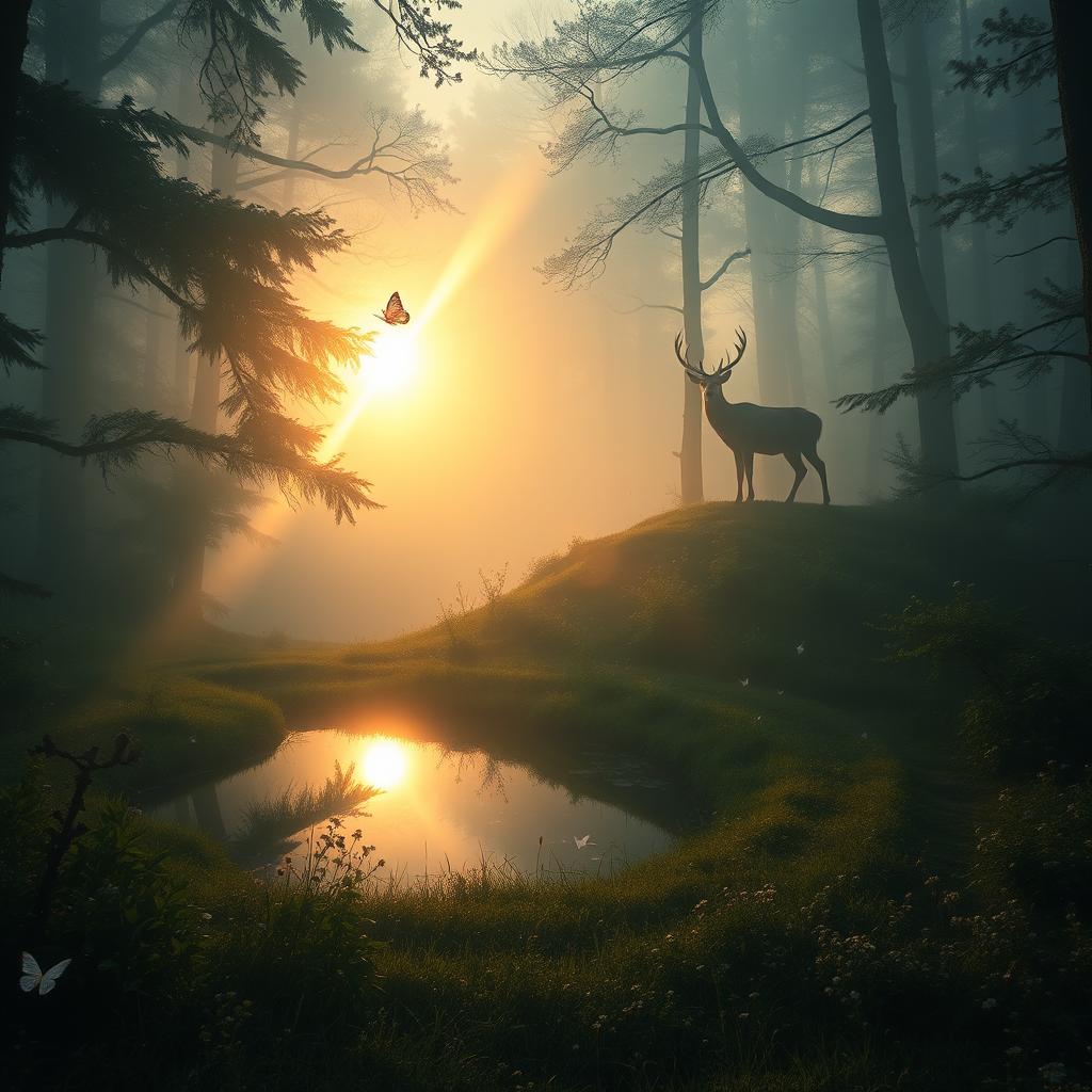 A mystical, mist-covered forest during sunrise