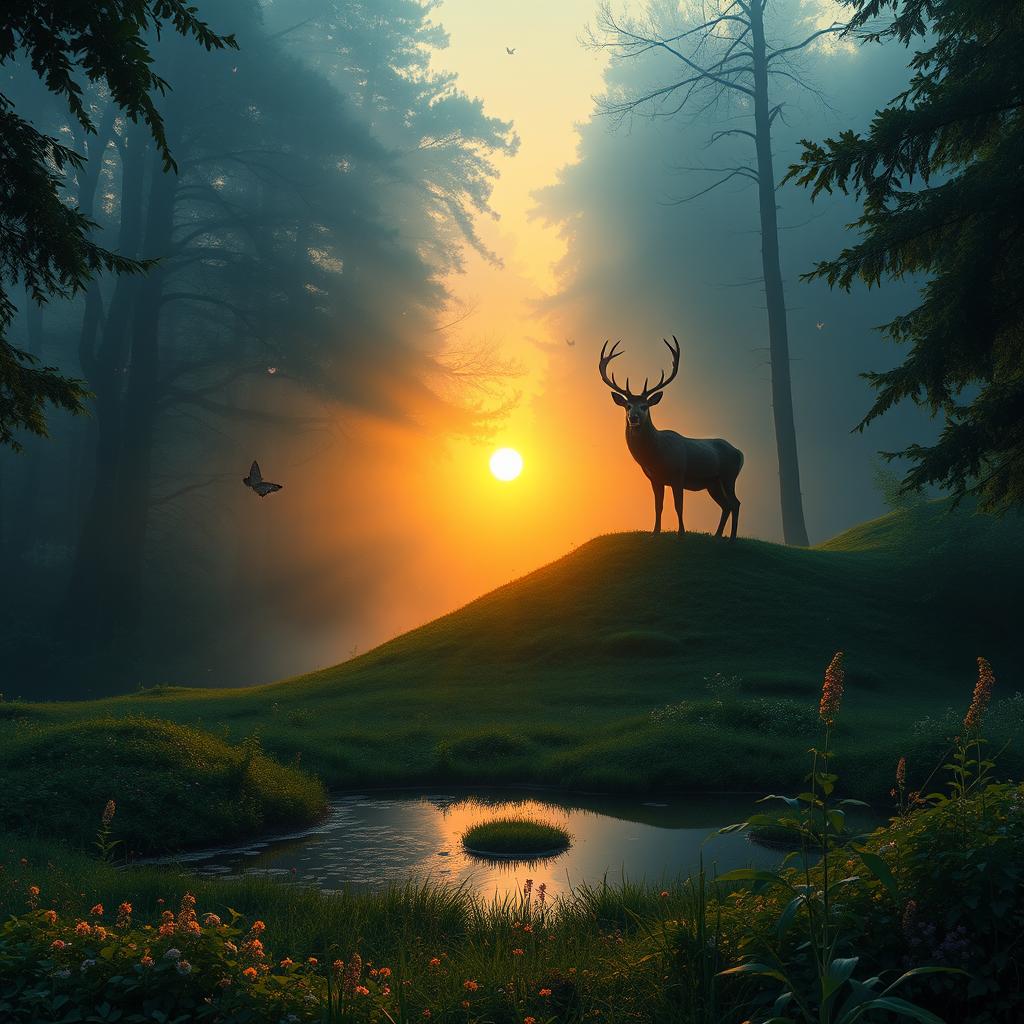 A mystical, mist-covered forest during sunrise