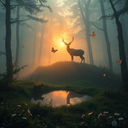 A mystical, mist-covered forest during sunrise