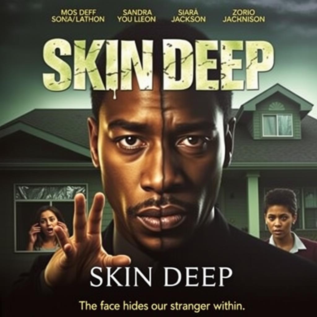 A movie poster for the psychological thriller "Skin Deep" featuring a split image of Mos Def's face, with one half appearing normal and the other half distorted or shadowed, symbolizing the dual identity of his character Phil/Leon