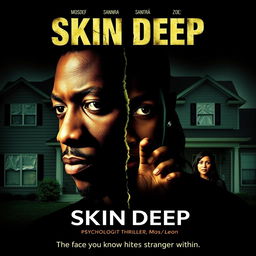 A movie poster for the psychological thriller "Skin Deep" featuring a split image of Mos Def's face, with one half appearing normal and the other half distorted or shadowed, symbolizing the dual identity of his character Phil/Leon