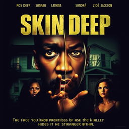 A movie poster for the psychological thriller "Skin Deep" featuring a split image of Mos Def's face, with one half appearing normal and the other half distorted or shadowed, symbolizing the dual identity of his character Phil/Leon