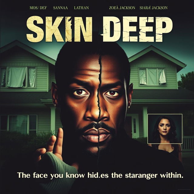 A movie poster for the psychological thriller "Skin Deep" featuring a split image of Mos Def's face, with one half appearing normal and the other half distorted or shadowed, symbolizing the dual identity of his character Phil/Leon