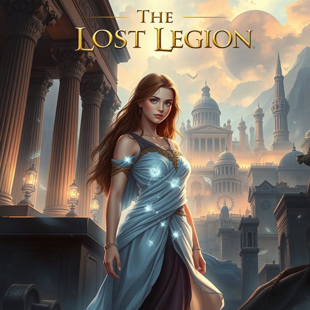 A stunning book cover illustration of Eira, the protagonist, standing gracefully in front of a majestic cityscape