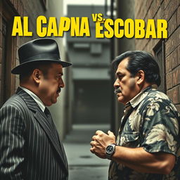 A dramatic scene featuring Al Capone and Pablo Escobar facing off in an intense confrontation