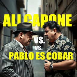 A dramatic scene featuring Al Capone and Pablo Escobar facing off in an intense confrontation