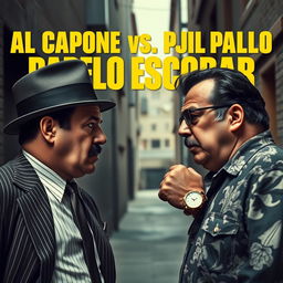 A dramatic scene featuring Al Capone and Pablo Escobar facing off in an intense confrontation