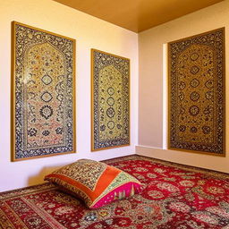 A bedroom with Iranian design featuring rich textures, warm colors, and unique architectural details.