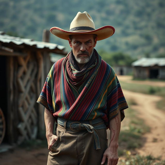 Mads Mikkelsen, with his distinctive facial features, covered in blood as he wears a traditional gaucho attire from Rio Grande do Sul, Brazil