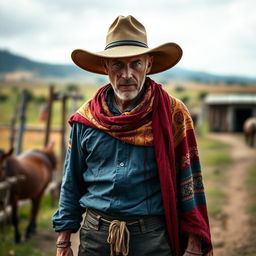 Mads Mikkelsen, with his distinctive facial features, covered in blood as he wears a traditional gaucho attire from Rio Grande do Sul, Brazil