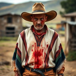 Mads Mikkelsen, with his distinctive facial features, covered in blood as he wears a traditional gaucho attire from Rio Grande do Sul, Brazil