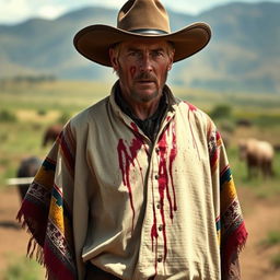 Mads Mikkelsen, with his distinctive facial features, covered in blood as he wears a traditional gaucho attire from Rio Grande do Sul, Brazil