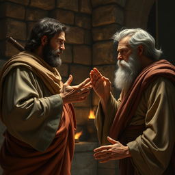 A hyper-realistic and dramatic depiction of Apostle Paul and Apostle Peter engaged in a heated theological debate