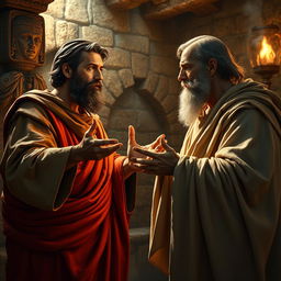 A hyper-realistic and dramatic depiction of Apostle Paul and Apostle Peter engaged in a heated theological debate