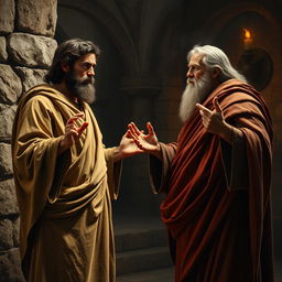 A hyper-realistic and dramatic depiction of Apostle Paul and Apostle Peter engaged in a heated theological debate