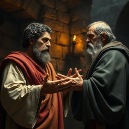 A hyper-realistic and dramatic depiction of Apostle Paul and Apostle Peter engaged in a heated theological debate