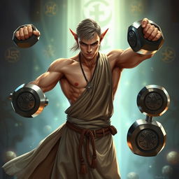 A half-elf monk lifting weights in a mystical gym setting