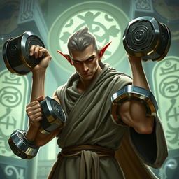 A half-elf monk lifting weights in a mystical gym setting