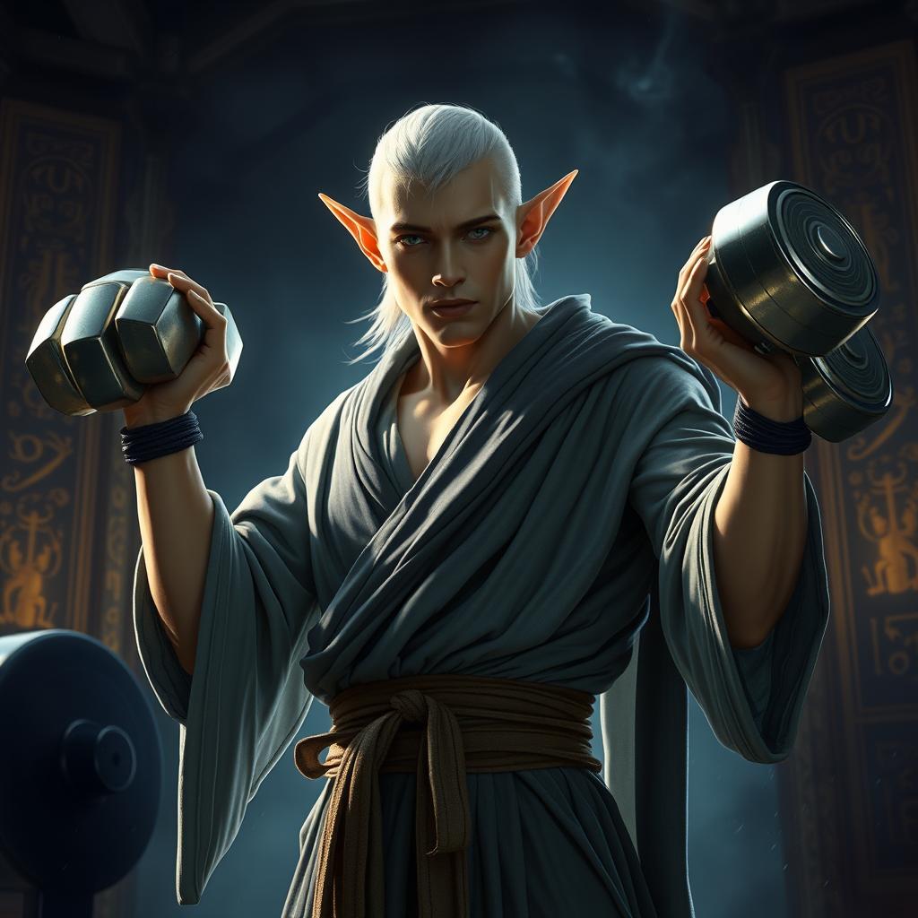 A half-elf monk lifting weights in a mystical gym setting