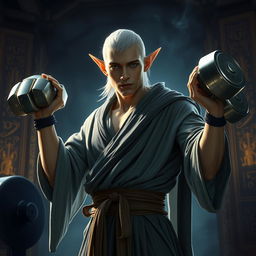 A half-elf monk lifting weights in a mystical gym setting