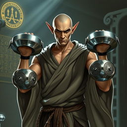 A half-elf monk lifting weights in a mystical gym setting