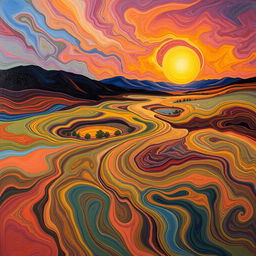 an abstract landscape with swirling patterns, blending vibrant colors to create a sense of movement and flow, capturing the essence of nature's energy