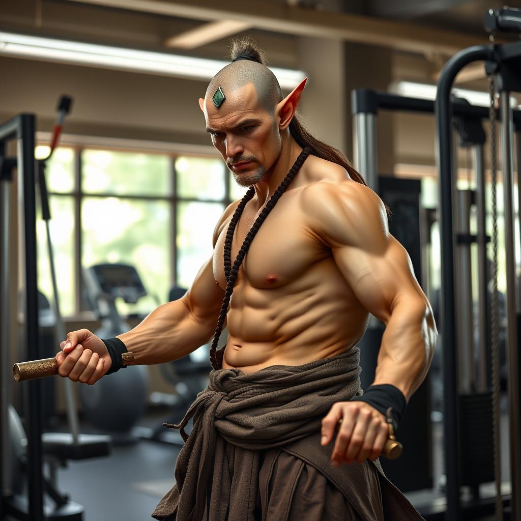 a half-elf monk working out in a gym, showcasing a lean and muscular physique, wearing traditional martial arts attire, focused and determined, surrounded by modern gym equipment, with a serene expression, blending the mystical aura of an elf with the discipline of a monk