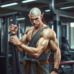 a half-elf monk working out in a gym, showcasing a lean and muscular physique, wearing traditional martial arts attire, focused and determined, surrounded by modern gym equipment, with a serene expression, blending the mystical aura of an elf with the discipline of a monk