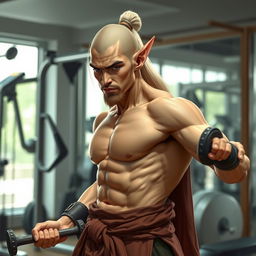 a half-elf monk working out in a gym, showcasing a lean and muscular physique, wearing traditional martial arts attire, focused and determined, surrounded by modern gym equipment, with a serene expression, blending the mystical aura of an elf with the discipline of a monk