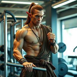 a half-elf monk working out in a gym, showcasing a lean and muscular physique, wearing traditional martial arts attire, focused and determined, surrounded by modern gym equipment, with a serene expression, blending the mystical aura of an elf with the discipline of a monk