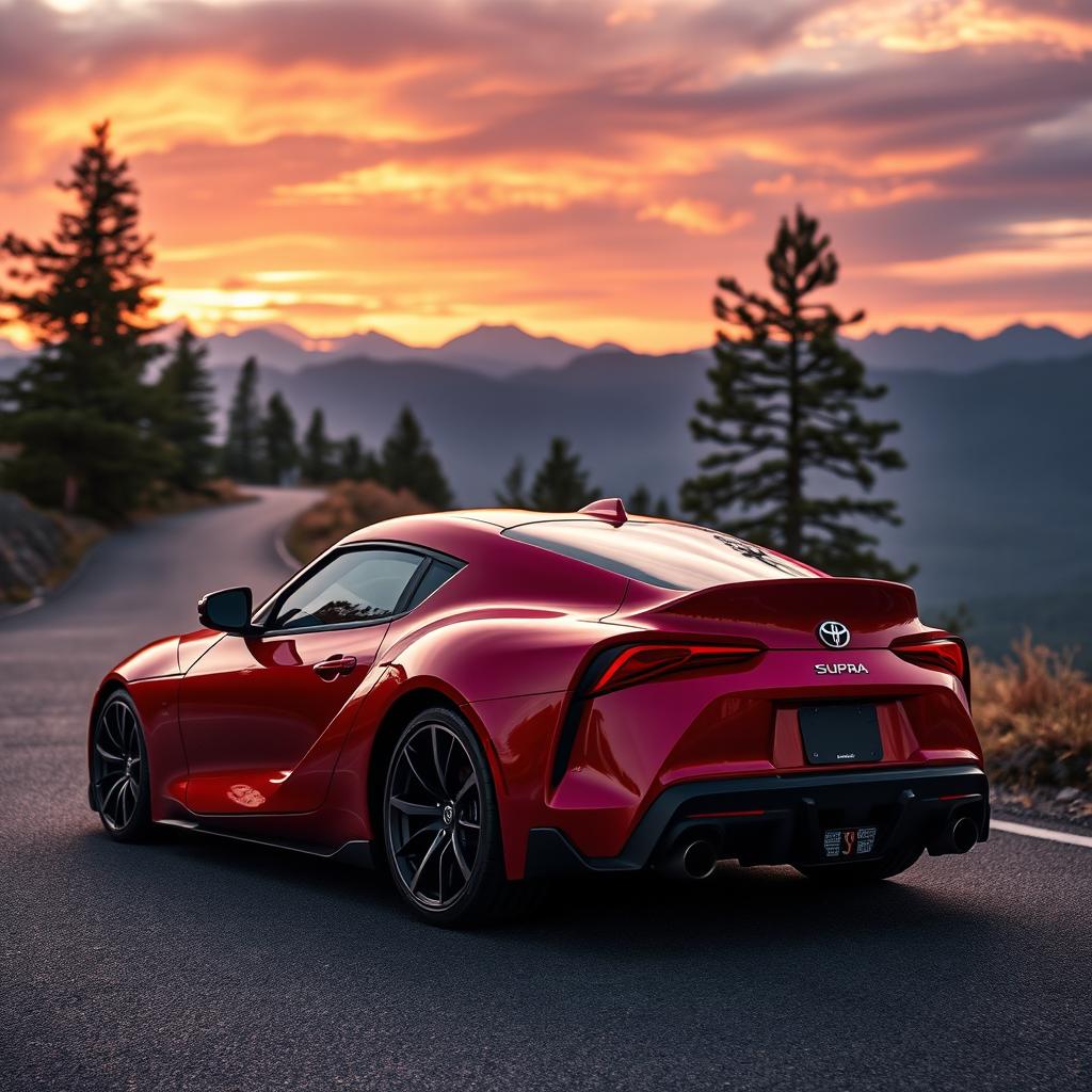 A sleek, modern Toyota Supra parked on a scenic mountain road during sunset