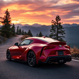 A sleek, modern Toyota Supra parked on a scenic mountain road during sunset