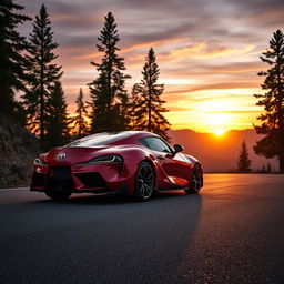 A sleek, modern Toyota Supra parked on a scenic mountain road during sunset