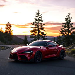 A sleek, modern Toyota Supra parked on a scenic mountain road during sunset