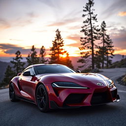 A sleek, modern Toyota Supra parked on a scenic mountain road during sunset