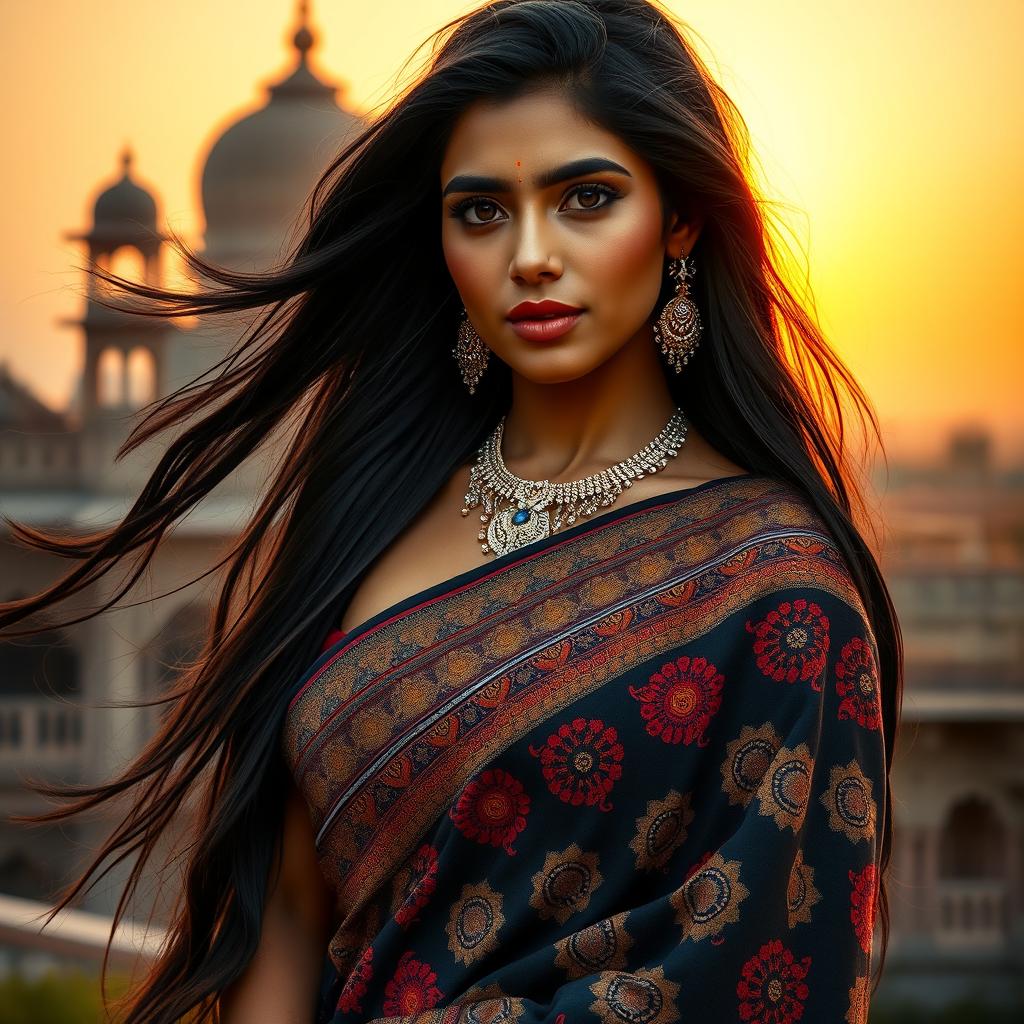 Stunning Indian woman with long, flowing black hair and captivating eyes, wearing a traditional saree with intricate designs and vibrant colors