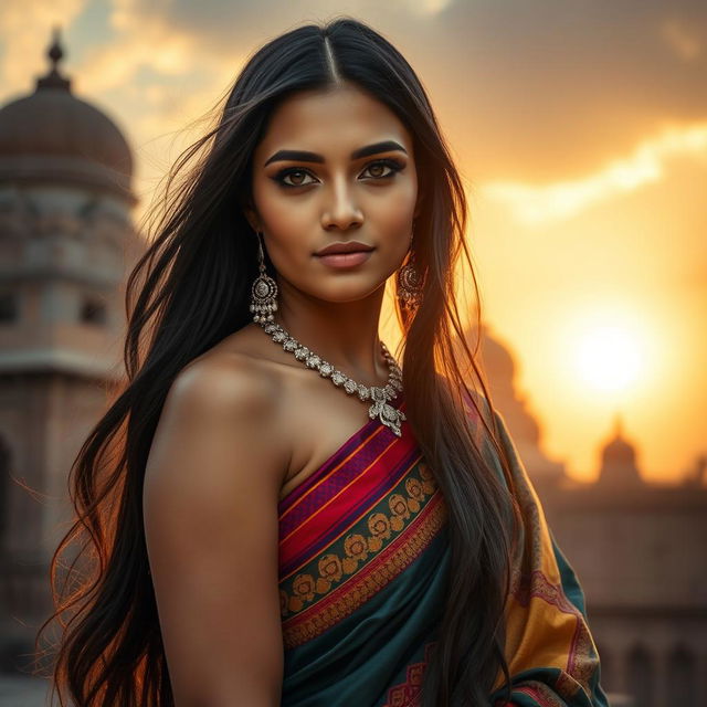 Stunning Indian woman with long, flowing black hair and captivating eyes, wearing a traditional saree with intricate designs and vibrant colors