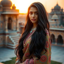 Stunning Indian woman with long, flowing black hair and captivating eyes, wearing a traditional saree with intricate designs and vibrant colors