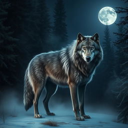 A majestic dire wolf standing proudly in a moonlit forest