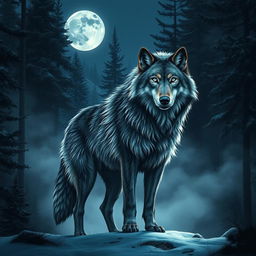 A majestic dire wolf standing proudly in a moonlit forest