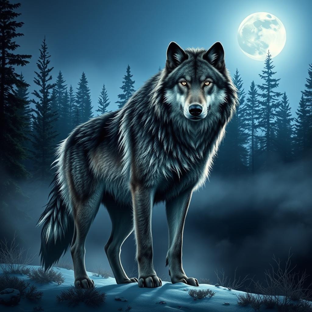 A majestic dire wolf standing proudly in a moonlit forest