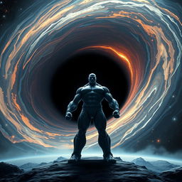 A colossal titan standing in front of a swirling black hole in space, its massive size contrasting the immense celestial phenomenon