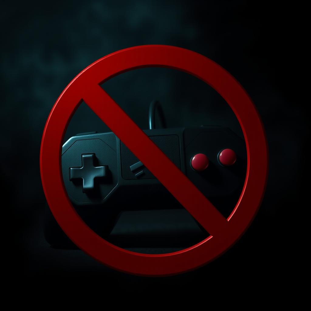 A dark and mysterious background with a prominent red prohibition icon over a distorted image of a retro video game controller