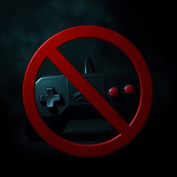 A dark and mysterious background with a prominent red prohibition icon over a distorted image of a retro video game controller