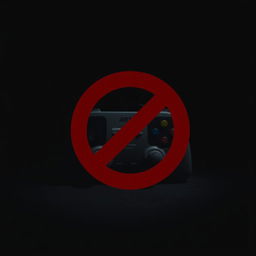 A dark and mysterious background with a prominent red prohibition icon over a distorted image of a retro video game controller