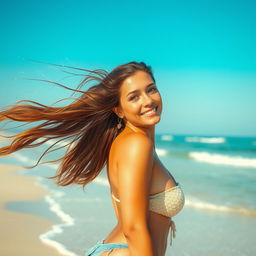 A beautiful woman enjoying a sunny day on the beach, with long flowing hair, sun-kissed skin, and a confident smile