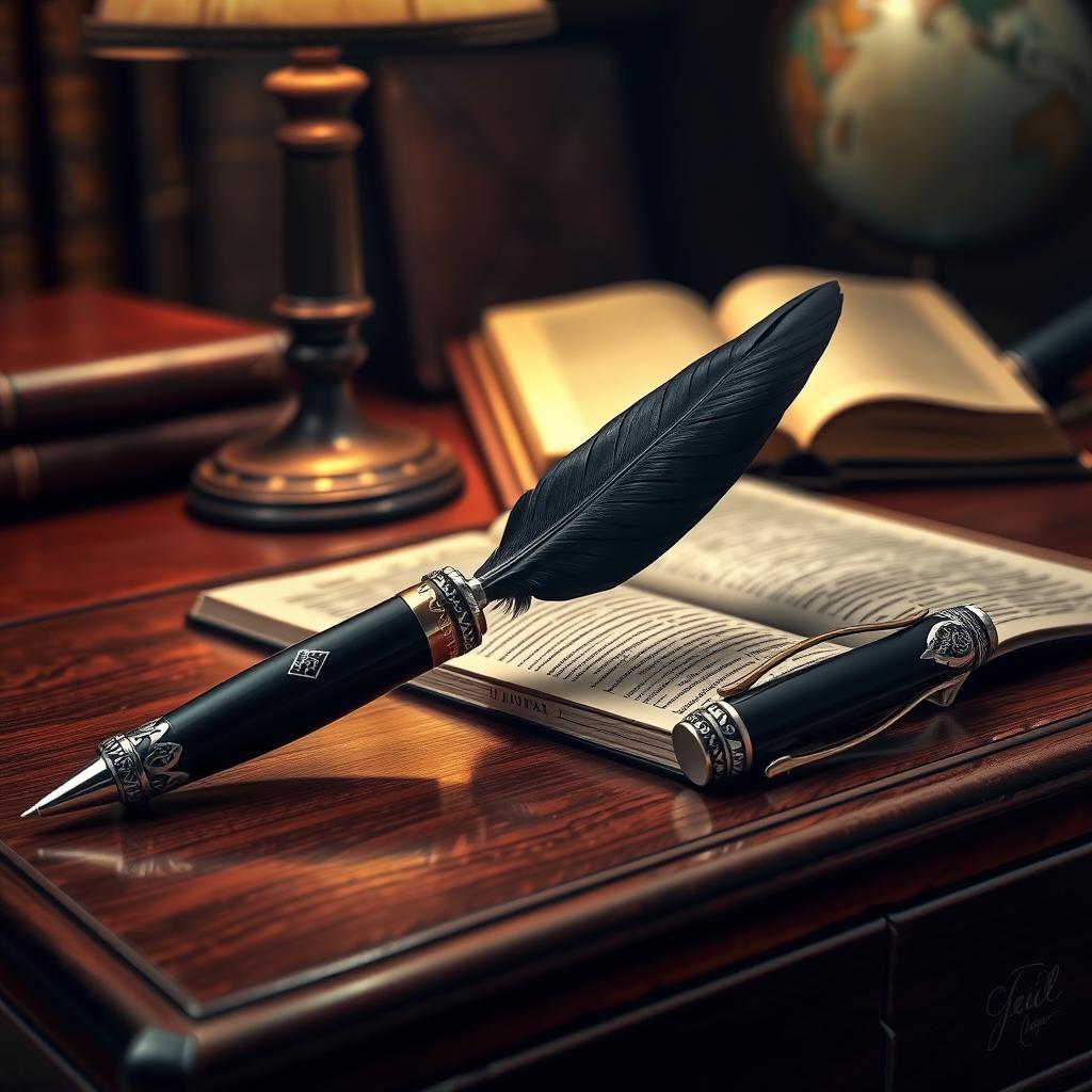 A stylized, artistic representation of a black feather pen resting on an elegant desk