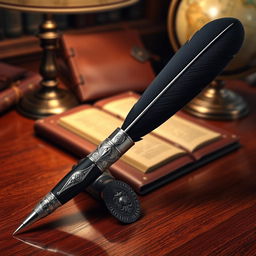 A stylized, artistic representation of a black feather pen resting on an elegant desk