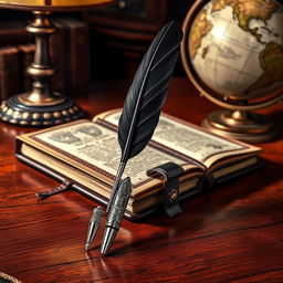 A stylized, artistic representation of a black feather pen resting on an elegant desk