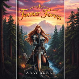 A captivating book cover for a fantasy novel, featuring an enchanting forest with towering trees and mystical creatures peeking through the foliage